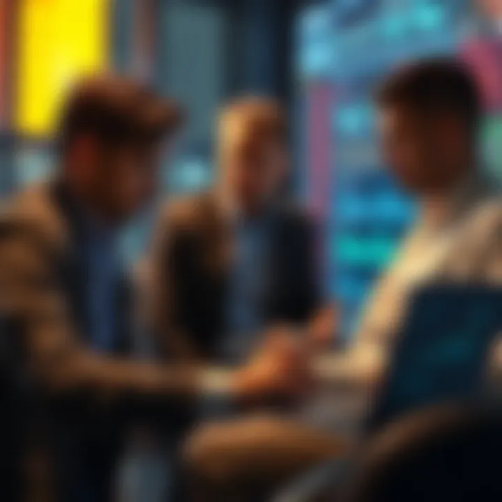 A group of concerned investors analyzing finance charts and data on a laptop, reflecting on current market conditions.