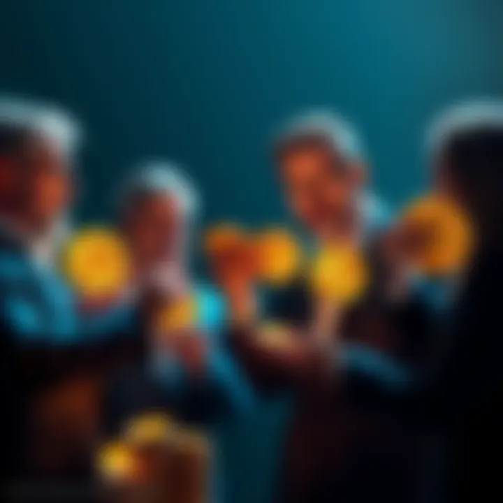 Group of investors discussing strategies while holding cryptocurrency coins, reflecting the concept of hodling in 2025.