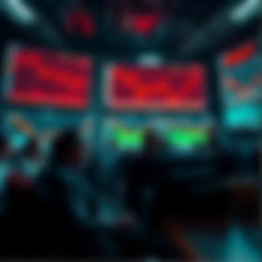 A group of worried investors watching stock market charts on screens, showing declining trends in red, reflecting panic cash outs.