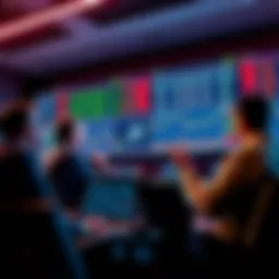 A group of investors looking at stock charts on their laptops, discussing market trends and investment strategies, with Ether symbol visible on a screen.
