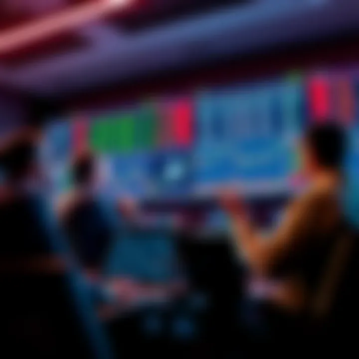 A group of investors looking at stock charts on their laptops, discussing market trends and investment strategies, with Ether symbol visible on a screen.