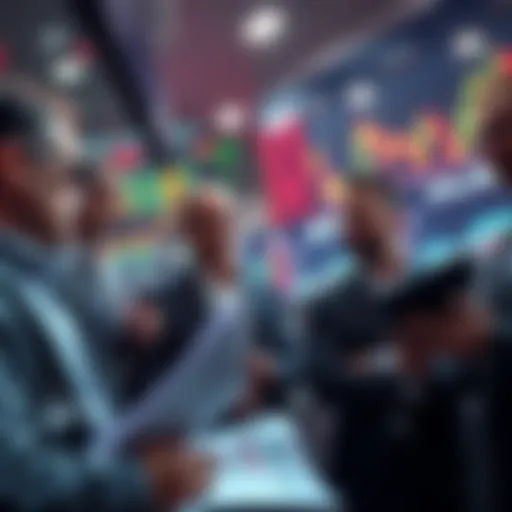 Investors Weighing Options A group of investors looking at stock charts and financial reports, contemplating whether to sell or hold their investments during a market downturn.