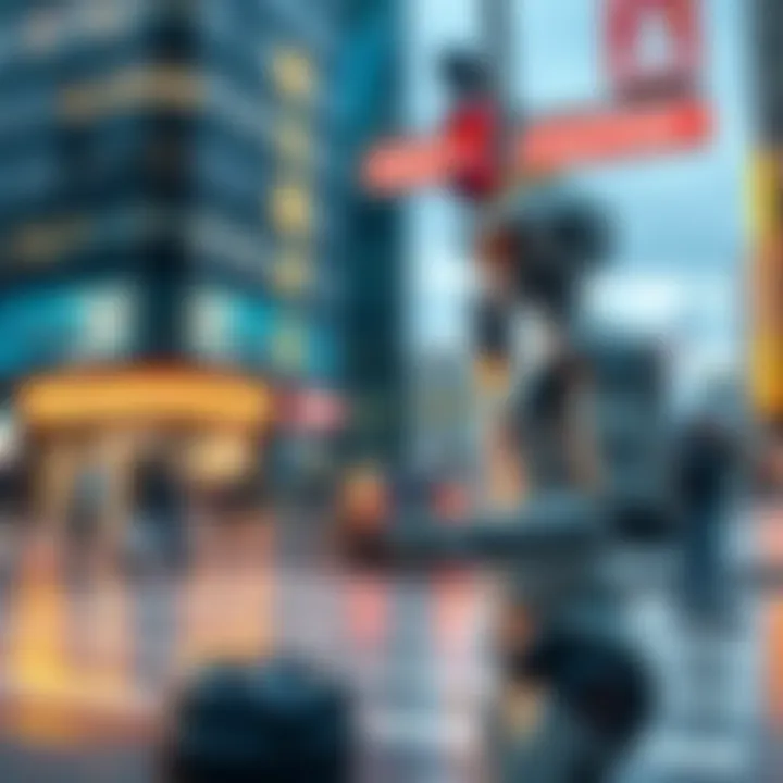 A person standing at a busy intersection, looking at a smartphone while a robot serves coffee nearby, showcasing the contrast between technology and everyday life.