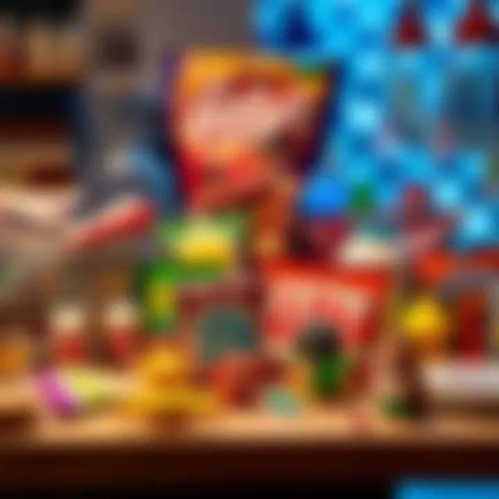 A variety of quirky items that can be purchased for 22p, including snacks, small toys, and trinkets on a table
