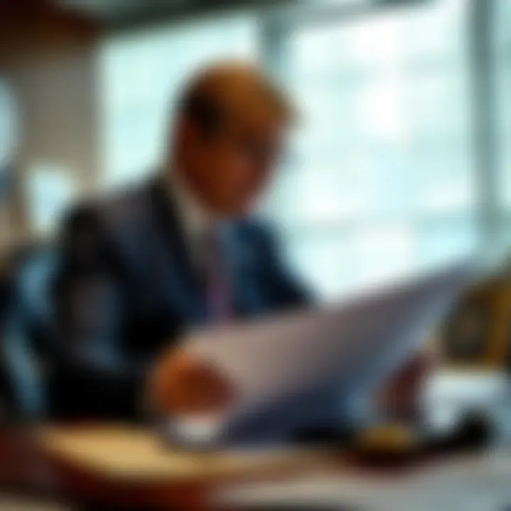 Jay Clayton, former SEC Chairman, examining documents related to Epstein files in an office setting, papers spread out on a desk.