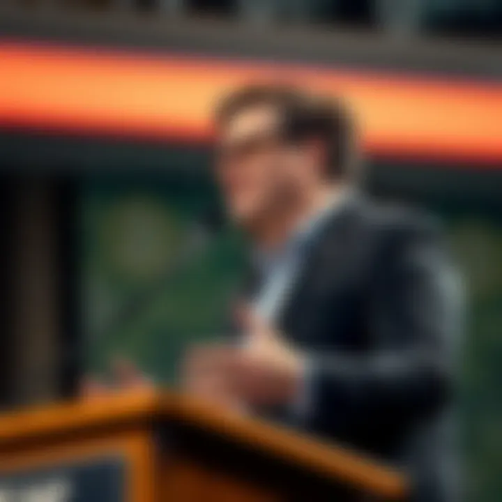 JD Vance at a podium, discussing artificial intelligence and Bitcoin, with a microphone in front of him