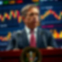 Federal Reserve Chair Jerome Powell speaks at a podium, announcing the end of quantitative tightening, with a backdrop of financial charts and graphs.