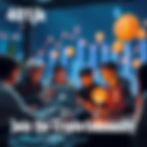 People gathered around a computer discussing cryptocurrency, with digital coins in the background.