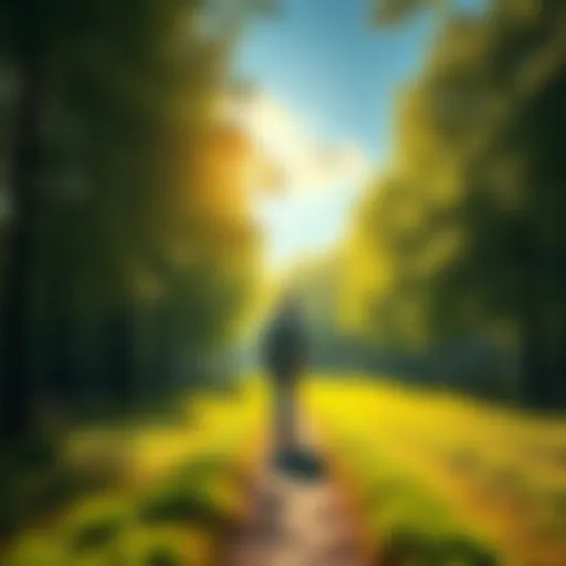 A person walking on a path surrounded by trees, symbolizing life's journey and experiences.
