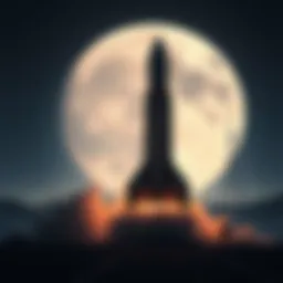 A rocket preparing to launch towards the moon with a bright full moon in the background