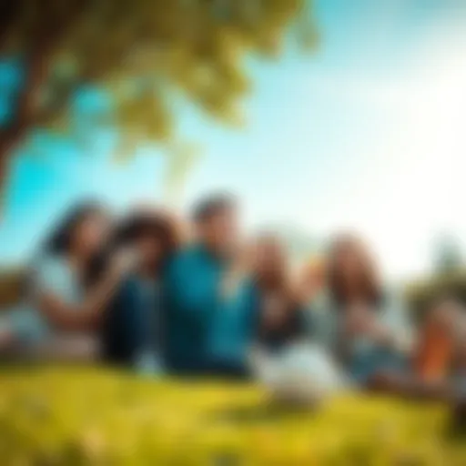 A group of friends laughing and sharing snacks in a green park under a bright blue sky