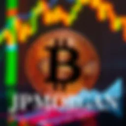 JPMorgan logo with Bitcoin symbol and a background of financial charts, representing the bank's new service for clients to buy Bitcoin