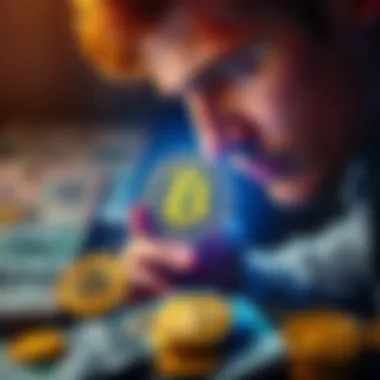 Judging Buttcoin A person examining a digital coin labeled 'Buttcoin' alongside traditional currency notes and other cryptocurrency symbols, pondering its legitimacy.