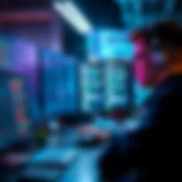 A junior developer focused on coding within the Solana ecosystem, with computer screens showing Solana-related code and graphics in the background.