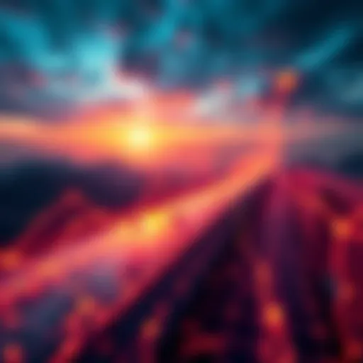 A digital representation of Kadena's blockchain gaining momentum in the cryptocurrency market, with upward trends and vibrant colors showcasing its renewal.