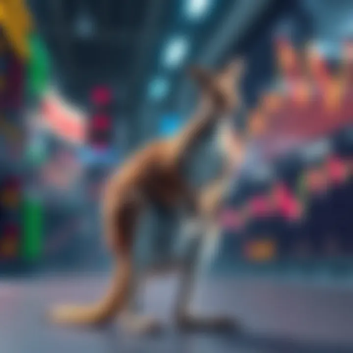 A kangaroo standing still in a market setting with charts showing sideways trends in the background.