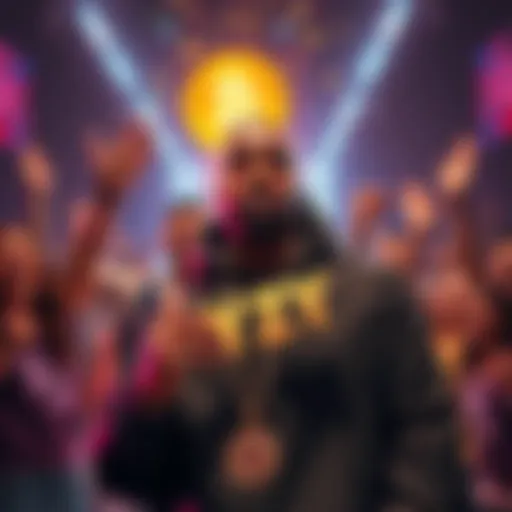 Kanye West promoting the $YZY meme token as it skyrockets in value, with excited investors in the background.