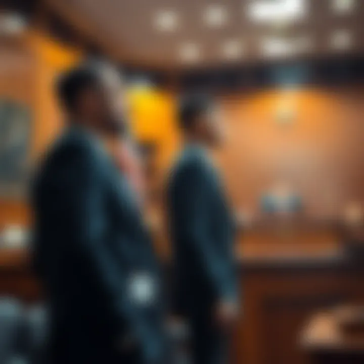 A courtroom scene where Karony stands beside a lawyer after being found guilty, with the judge in the background
