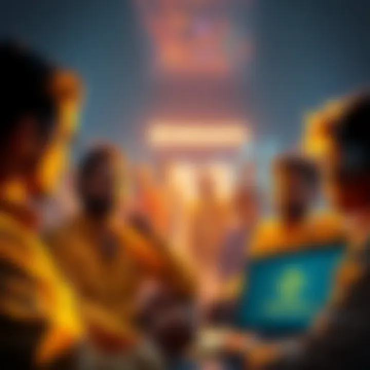A group of Kaspa holders discussing their concerns about Binance not listing Kaspa, with a laptop showing the Binance logo.