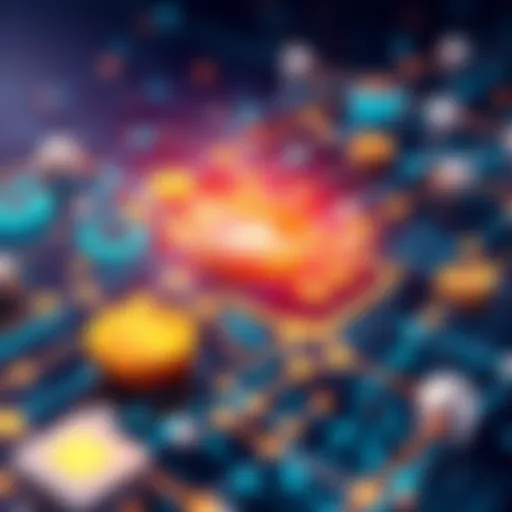 Illustration showing Kaspa's blockchain technology with smart contracts and Layer 2 solutions, emphasizing speed and decentralization, featuring visual elements like digital coins and interconnected nodes.