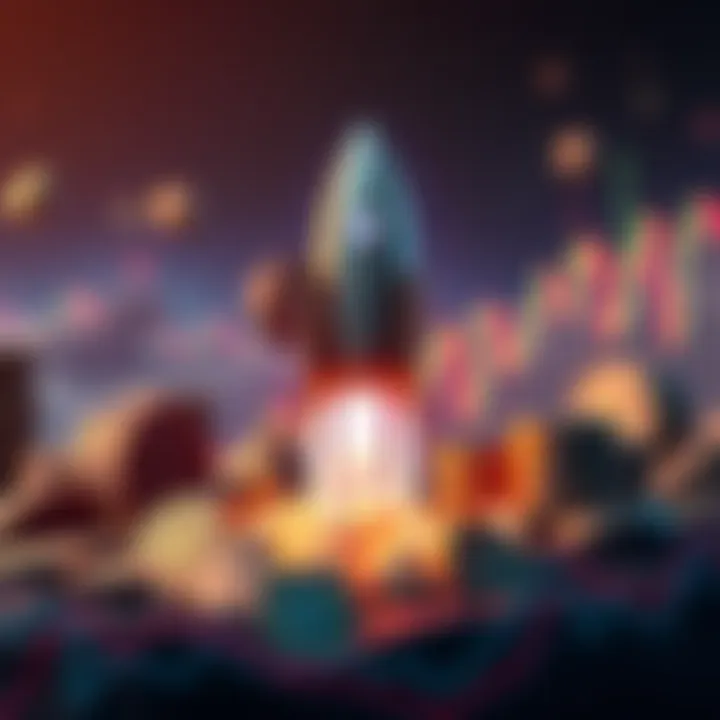 Visual of a rocket symbolizing Kaspa's price rise towards one dollar, surrounded by coins and a digital graph
