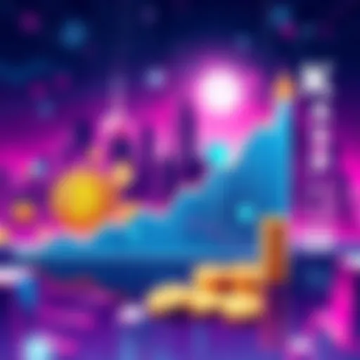 A digital illustration showing a bullish chart representing growth of Kaspa alongside Bitcoin and other cryptocurrencies, with a backdrop of a tech-inspired city skyline.