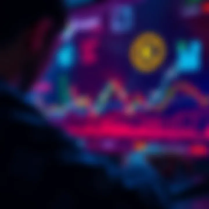 A person analyzing cryptocurrency charts with Kaspa logos and market trends in the background
