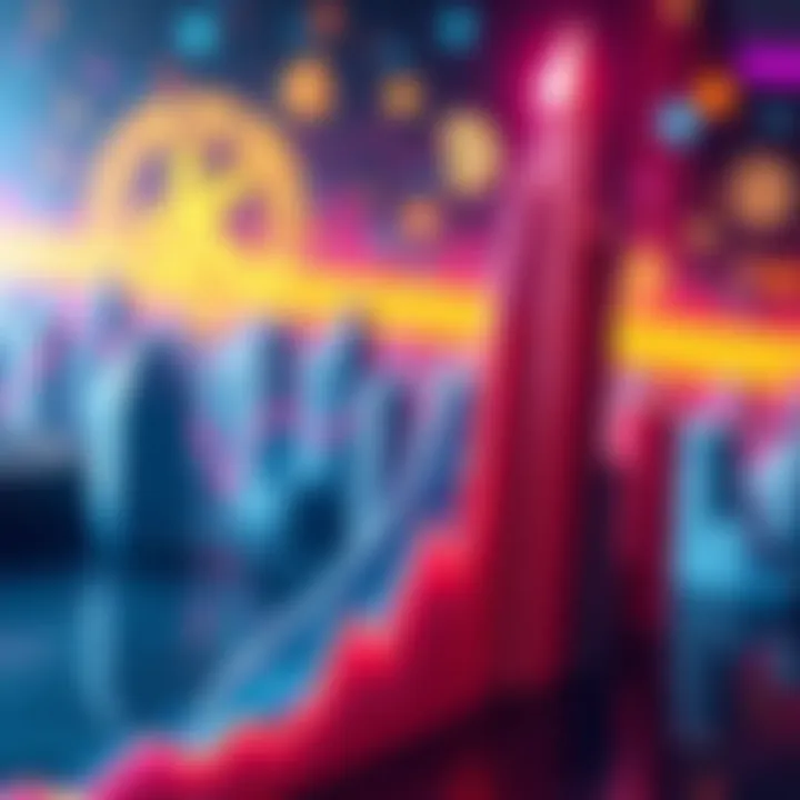 A visual representation of Kaspa's projected price surge, with a graph showing a steep upward trend. Symbols of top cryptocurrencies are in the background.