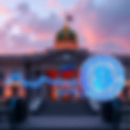 Kazakhstan's National Bank building with a digital currency graphic overlay