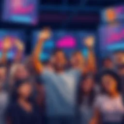 A group of diverse people celebrating Kendu's success in cryptocurrency, with digital screens showing positive HHI metrics and crypto symbols in the background.