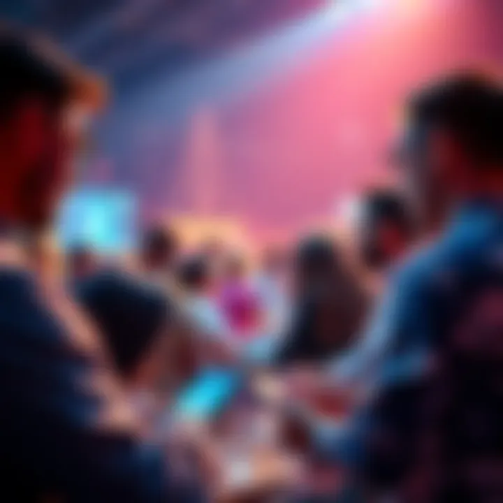 A vibrant group of people discussing cryptocurrency and sharing ideas on social media platforms like Twitter and Stocktwits.