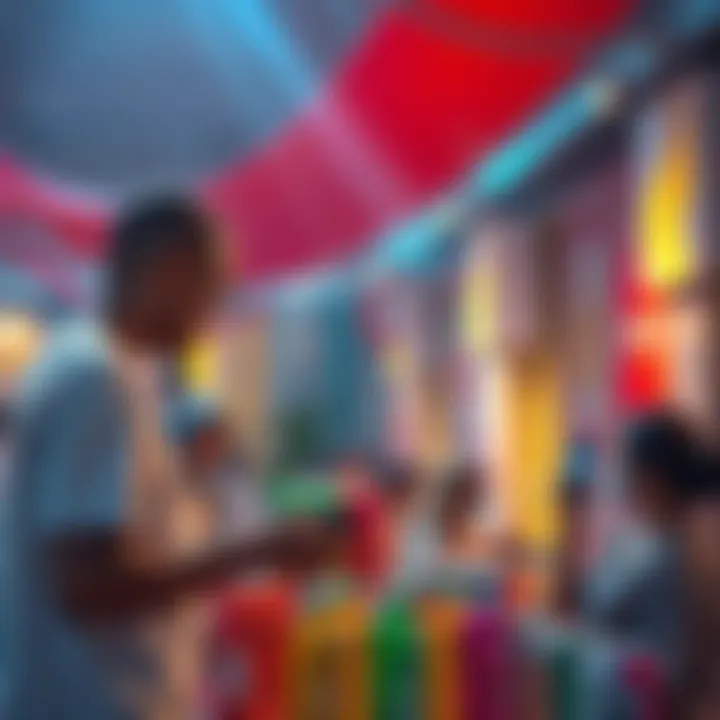 A lively Kendu community event showcasing unique products like coffee and energy drinks, with people engaging and enjoying the atmosphere.