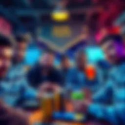 A diverse group of people collaborating on crypto projects like coffee and energy drinks, showcasing teamwork and creativity.
