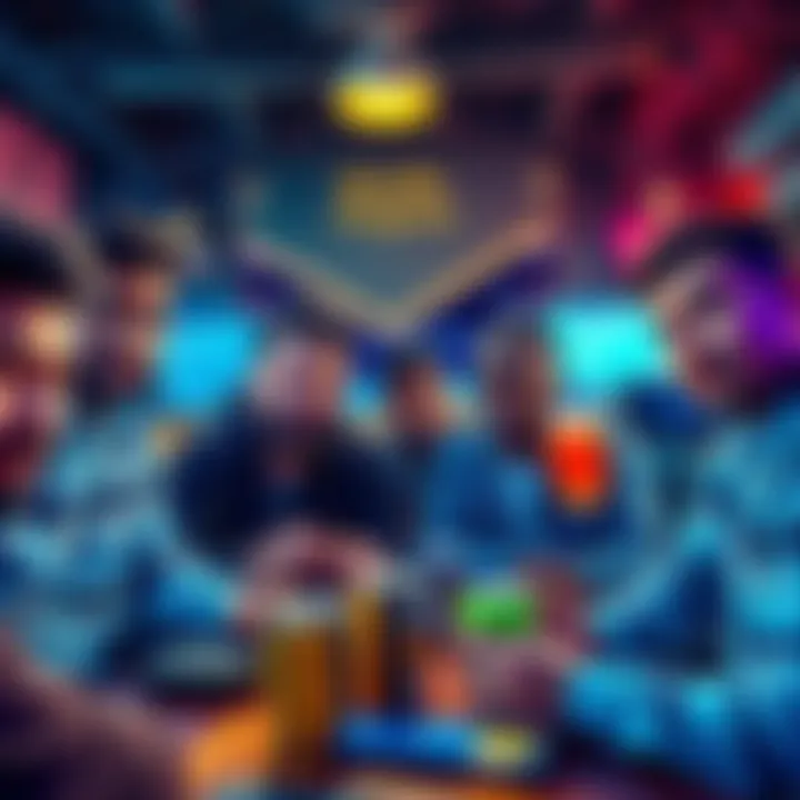 A diverse group of people collaborating on crypto projects like coffee and energy drinks, showcasing teamwork and creativity.