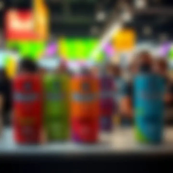 A colorful display of Kendu Energy drinks featuring various flavors and packaging, attracting a crowd of people interested in trying them.