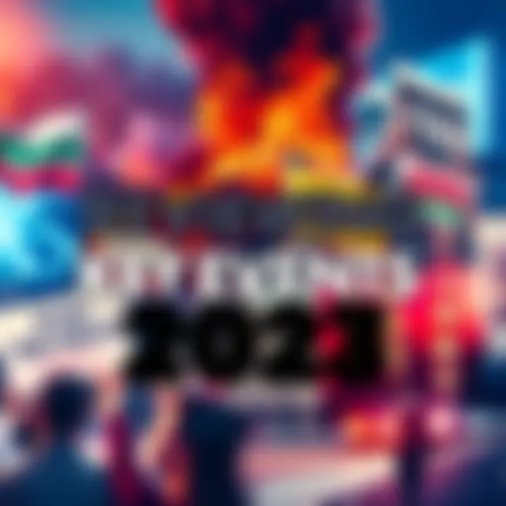 A collage of headlines and images representing major news stories from 2023, including protests, political meetings, and impactful global events.