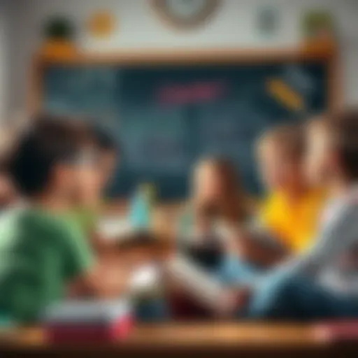 A group of children sitting together, discussing important life lessons with a teacher, surrounded by books and a chalkboard.