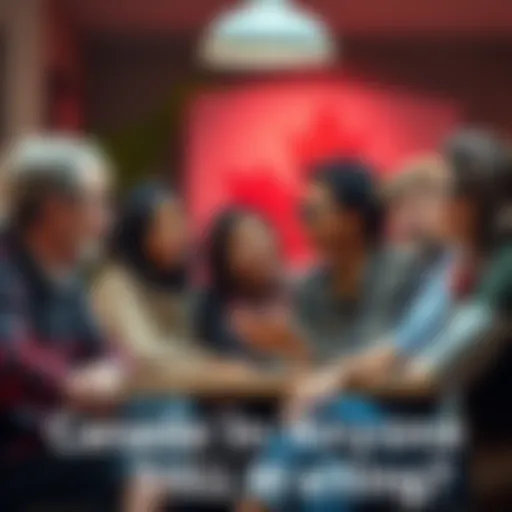 A group of diverse people discussing their experiences with KYC remediation in a community setting