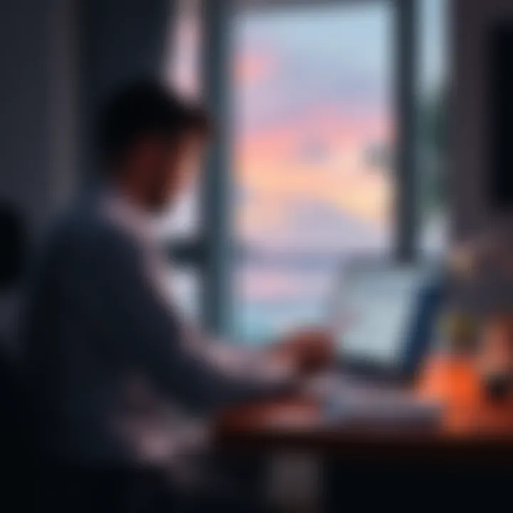 A user sitting at a desk, reviewing documents and a laptop showing confirmation of KYC verification, with a tropical view outside the window.