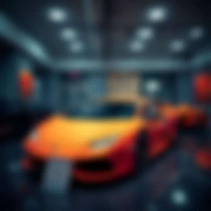 A luxury Lamborghini sports car parked in a showroom, with a sign indicating delayed deliveries. The car is gleaming and showcases its distinct design.