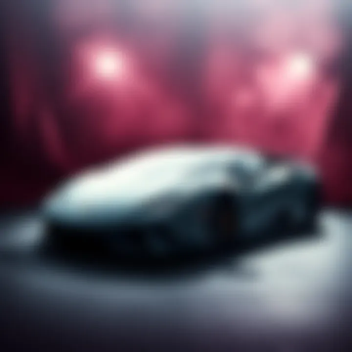 A sleek Lamborghini sports car covered by a cloth, hinting at a new model, set against a dramatic background