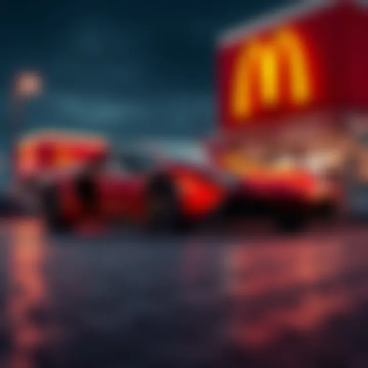 A luxurious Lamborghini parked next to a McDonald's restaurant, symbolizing the choice between luxury and a simple job.