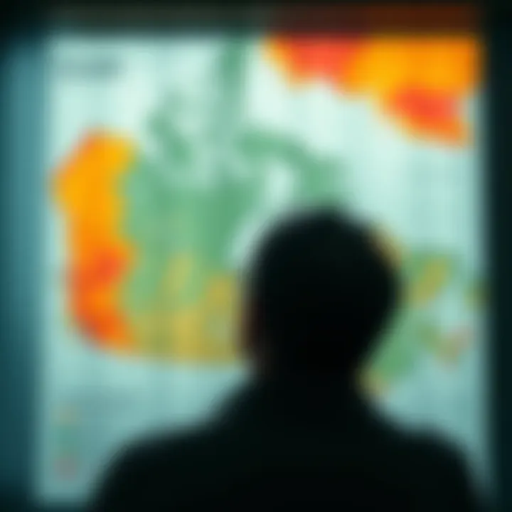 A person contemplating investment options while looking at a map of land parcels in Canada, showing various plots and opportunities.