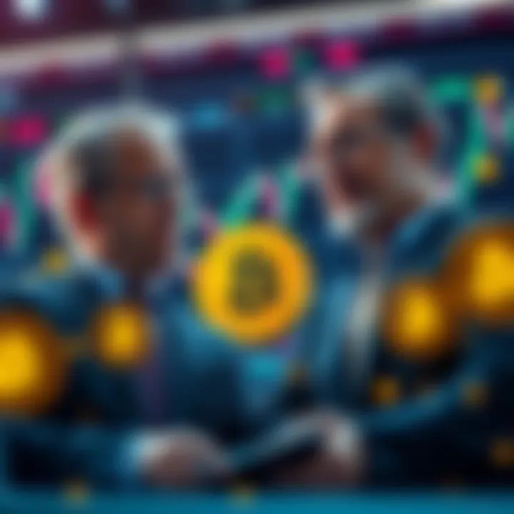 Larry Fink and JP Morgan CEO Discuss Bitcoin Larry Fink and the JP Morgan CEO in a discussion about Bitcoin, with charts and cryptocurrency symbols in the background.