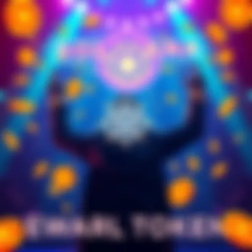 A person celebrating the launch of a rewards token on the Solana platform, with colorful token graphics around them.