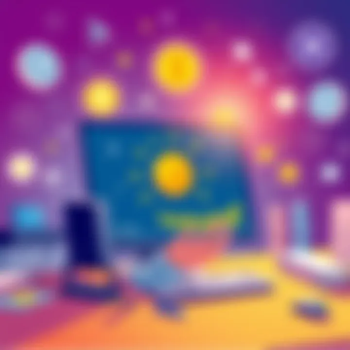 A bright illustration showing a person using a computer to create a Solana token, surrounded by tech icons and community symbols, representing an easy launch process.