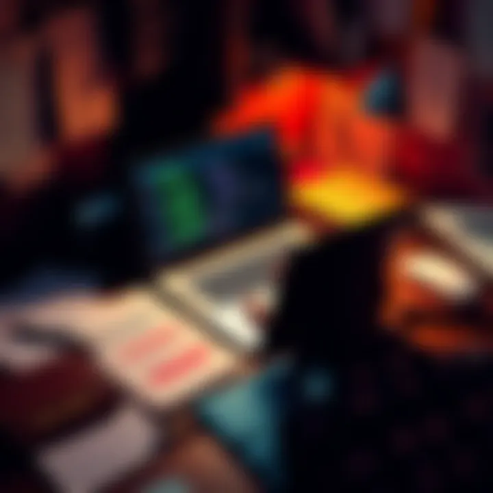 A person studying code on a laptop, surrounded by notes and books on web development, Solidity, and Rust.