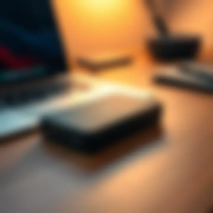 A Ledger Nano S Plus cryptocurrency wallet placed on a wooden desk with a laptop in the background