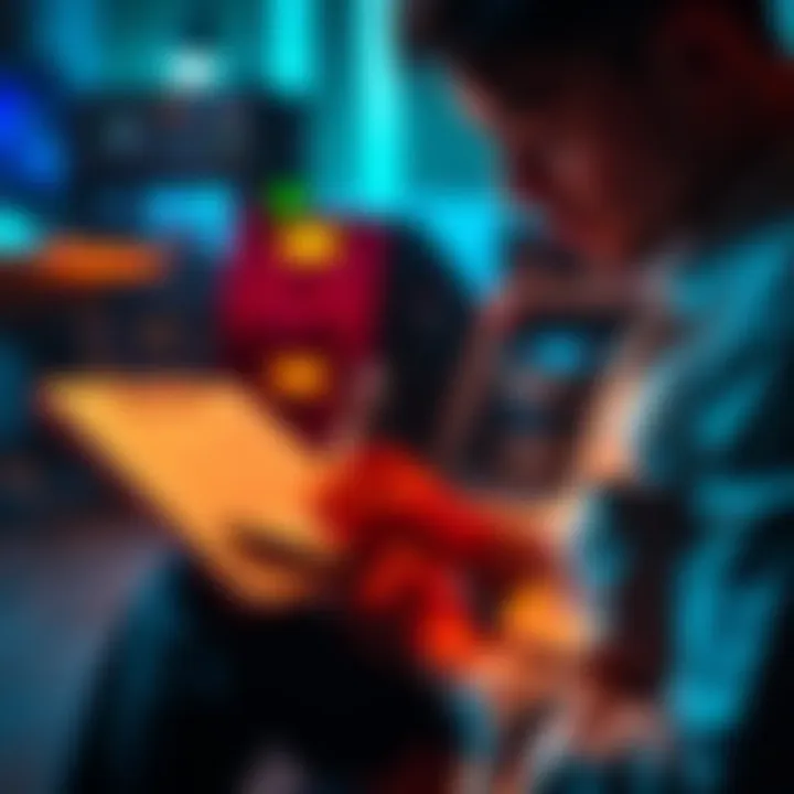A person looking at a Ledger device with a notebook, taking notes on seed phrases and recovery process.