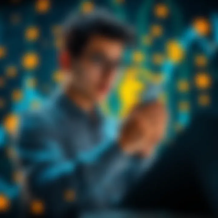A person analyzing Ledger swapping technology with digital currency symbols in the background